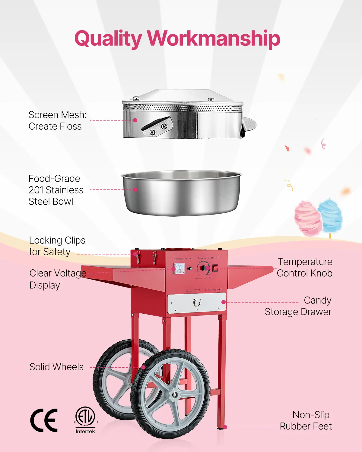 Candy Floss Machine Commercial - Con carrito Máquina comercial de algodón
